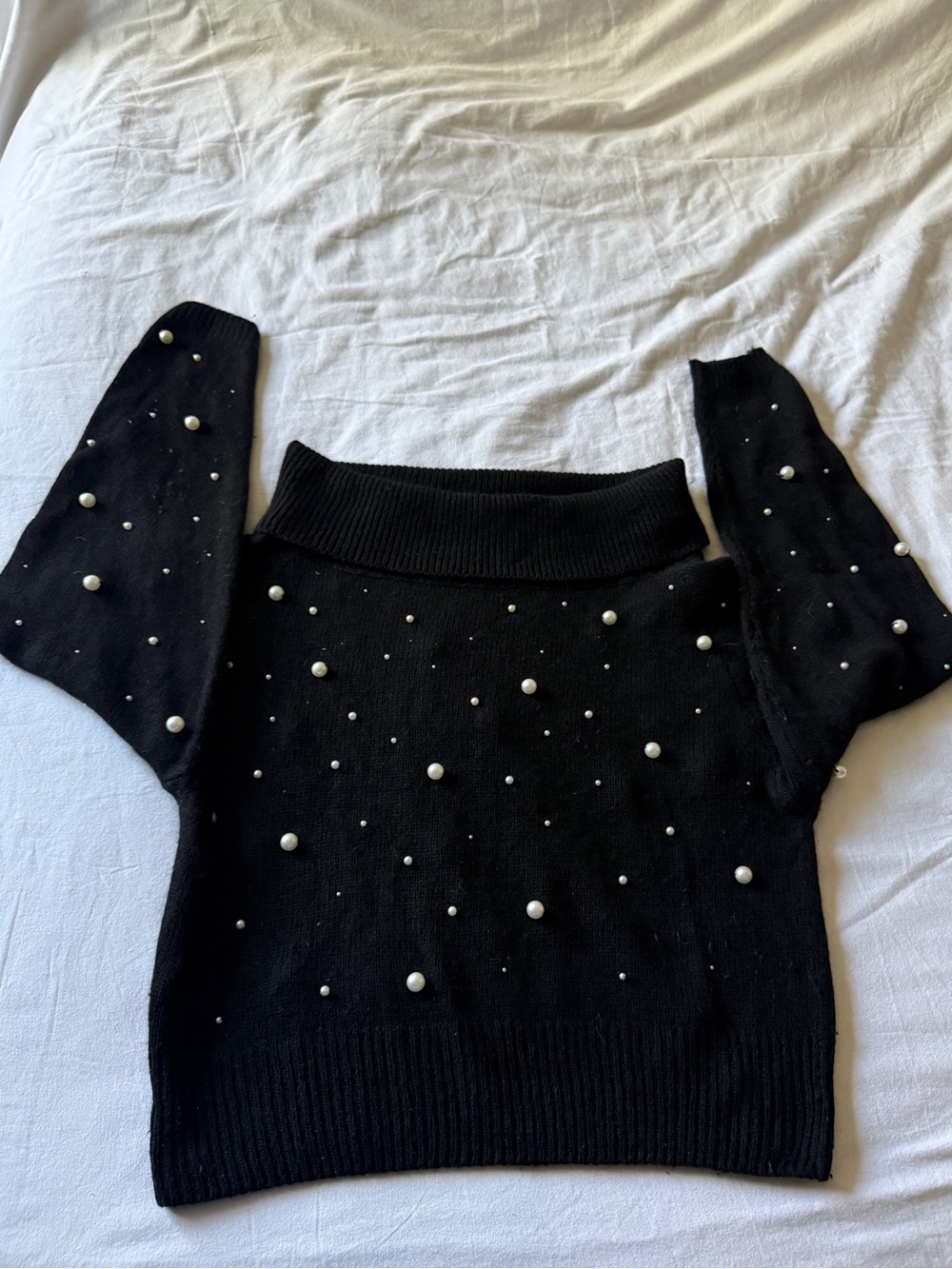 Vintage pearl embellished off shoulder sweater, silk angora L